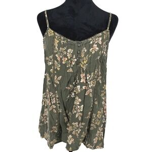 SONOMA Floral Baydoll Cami Tank Top Pintuck‎ Button M Green Brown Forest Fairy